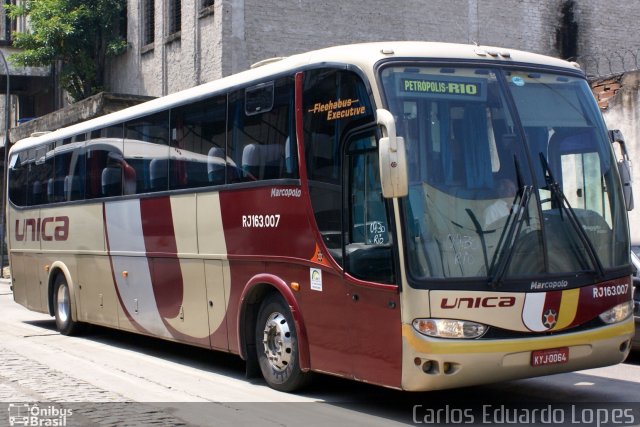 Transportes Única Petrópolis RJ 163.007 na cidade de Rio de Janeiro, Rio de Janeiro, Brasil, por Carlos Eduardo Lopes. Número da foto: #728724.