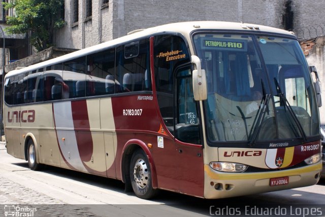 Transportes Única Petrópolis RJ 163.007 na cidade de Rio de Janeiro, Rio de Janeiro, Brasil, por Carlos Eduardo Lopes. ID da foto: 728724.